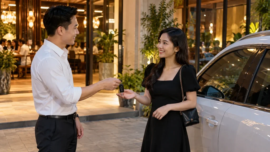 Chủ xe bàn giao chìa khóa cho tài xế lái xe hộ vào buổi tối