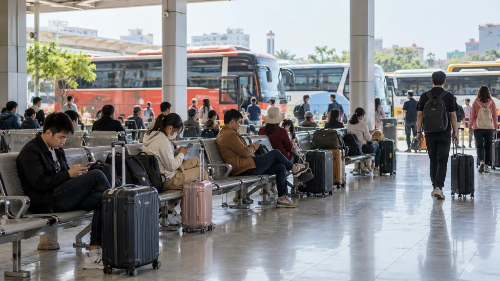 Khu vực chờ xe ghép nội tỉnh Nghệ An với hành khách và vali