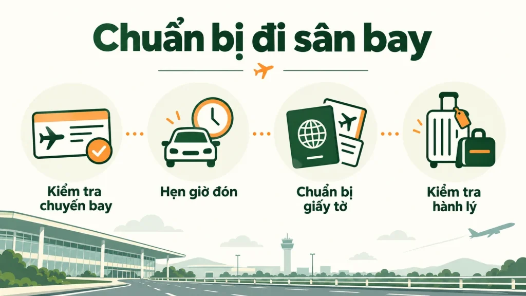 Bốn bước chuẩn bị đi sân bay gồm kiểm tra chuyến bay, hẹn giờ đón, chuẩn bị giấy tờ và kiểm tra hành lý