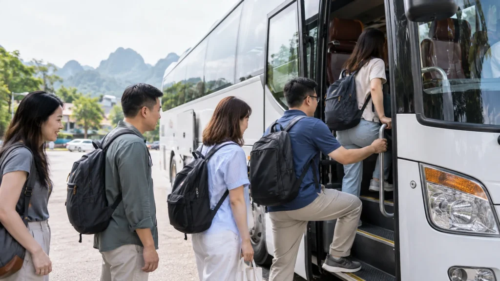 Cả đoàn công ty lên xe, minh họa thuê xe 29 chỗ Nghệ An cho đoàn đông người