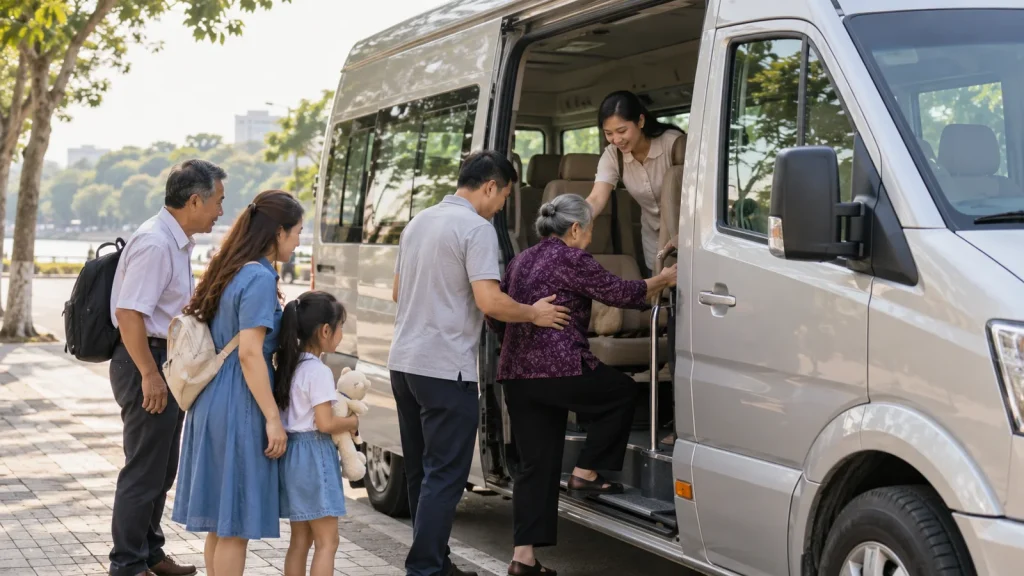 Gia đình lên xe 16 chỗ với hành lý, chuẩn bị cho lịch trình Cửa Lò 2 ngày 1 đêm