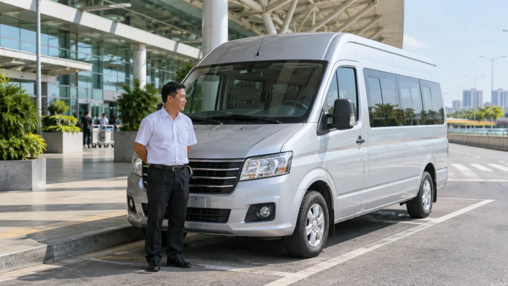 Nhân viên đón khách tại điểm hẹn bên đường, minh họa cách đi từ Vinh đến các huyện Nghệ An