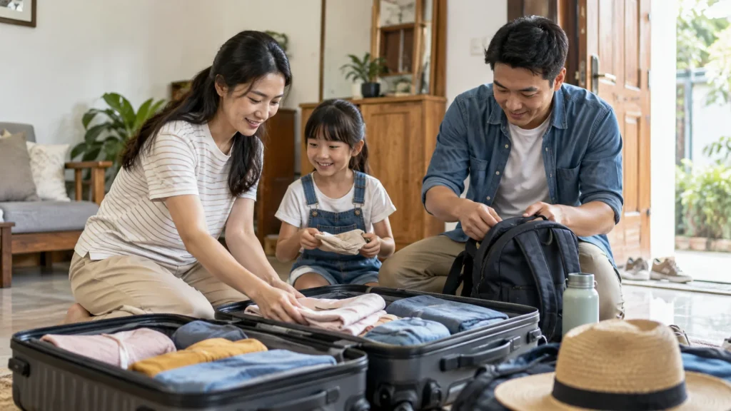 Gia đình chuẩn bị vali và đồ dùng trước chuyến nghỉ biển