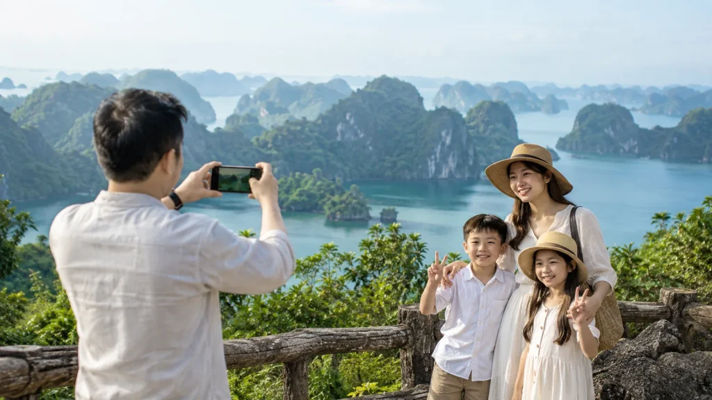 Gia đình có trẻ nhỏ chụp ảnh trong chuyến đi chơi bằng xe riêng
