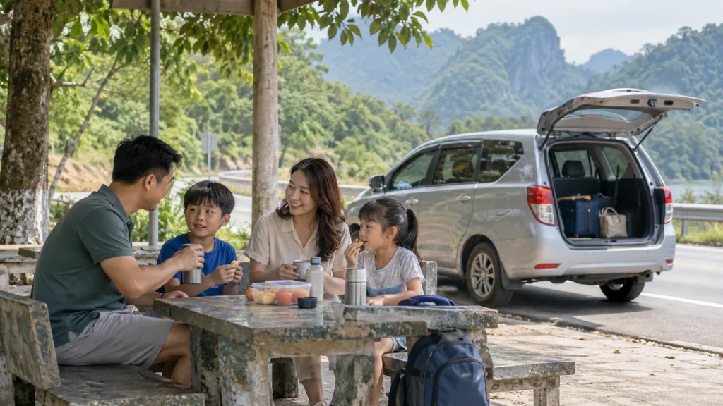 Gia đình nghỉ chân giữa hành trình đi đền Cờn Quỳnh Lưu