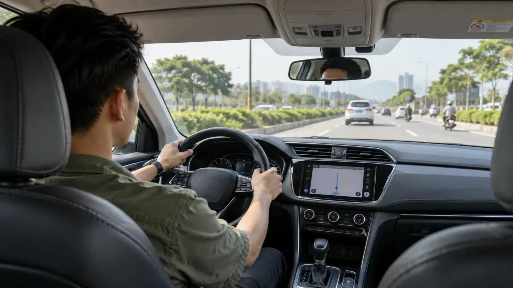 Góc nhìn từ ghế sau của xe ô tô trong chuyến đi liên tỉnh