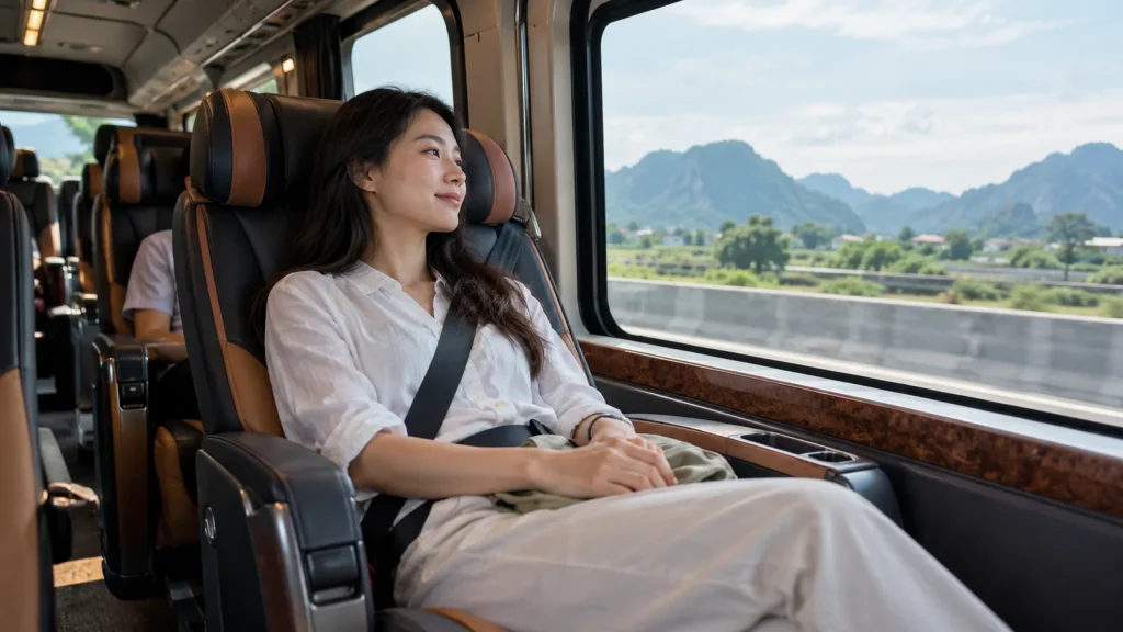 Hành khách nghỉ ngơi trên ghế xe trong hành trình dài ra phía bắc