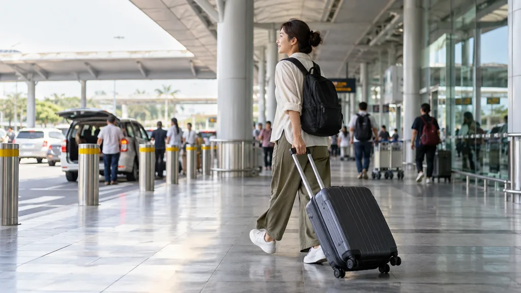 Hành khách kéo vali ra khỏi nhà ga để lên xe về trung tâm thành phố Vinh
