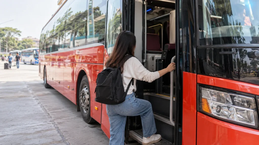 Một hành khách bước lên xe với ba lô, chuẩn bị cho chuyến xe ghép Vinh đi Hà Tĩnh