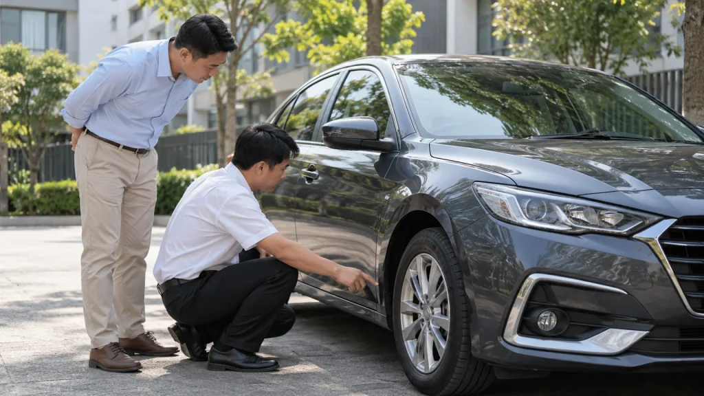 Tài xế kiểm tra xe trước khi vào cao tốc Bắc Nam qua Nghệ An