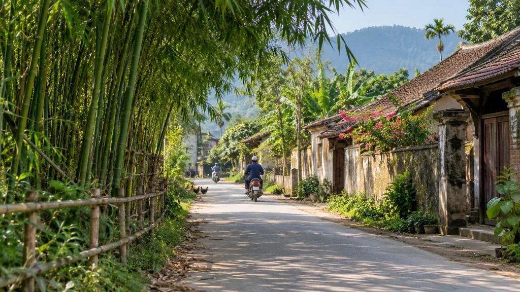 Đường quê và làng xóm vùng Hưng Nguyên nhìn từ xe