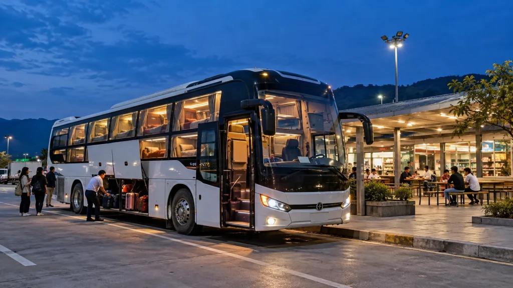 Xe đón khách vào buổi chiều tối trước chuyến đi đường dài