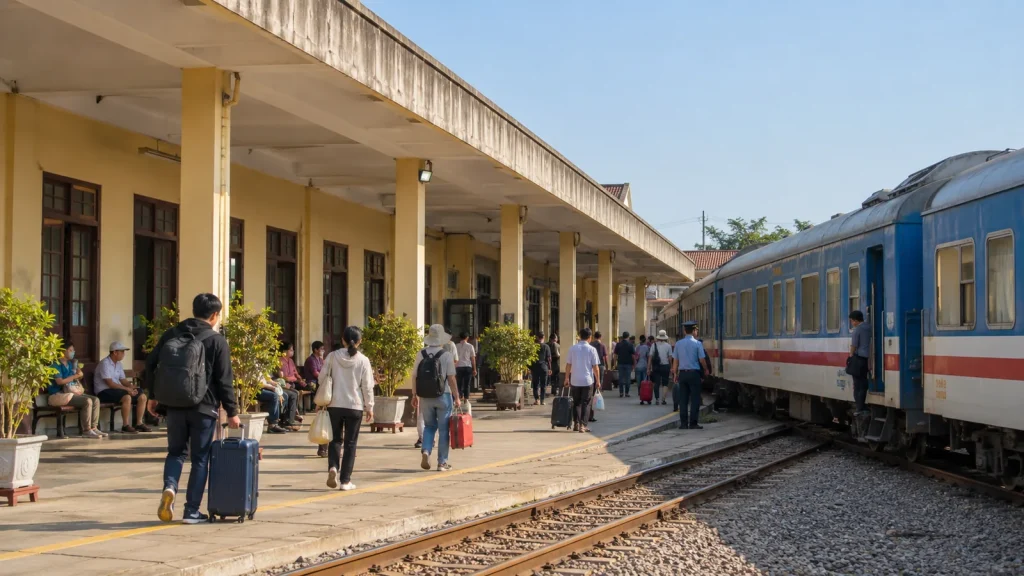 Phía trước nhà ga, nơi hành khách thường hẹn gặp để lên xe sau khi xuống tàu