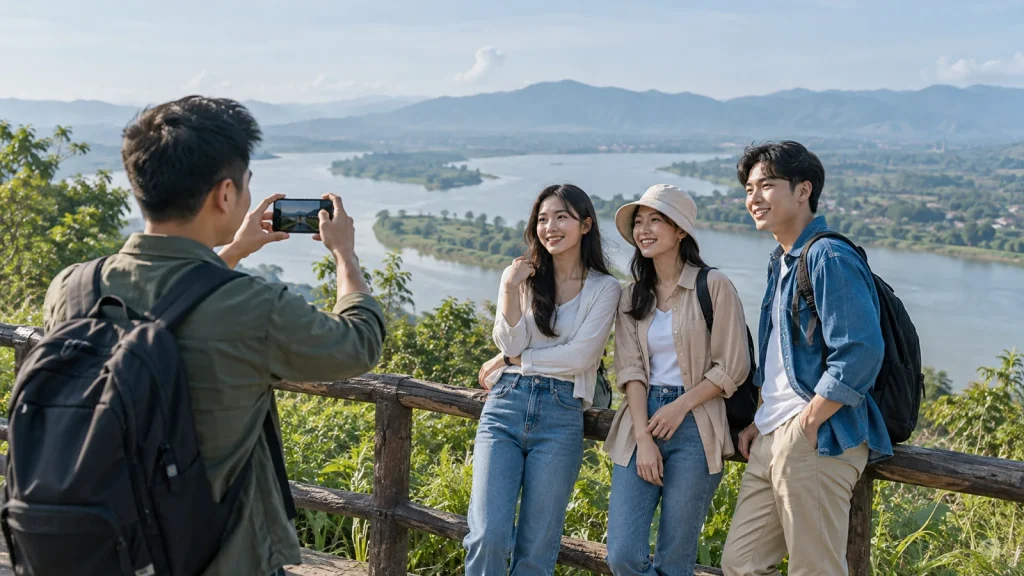 Nhóm bạn chụp ảnh lưu niệm trong chuyến đi biển