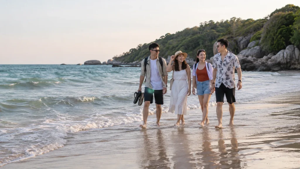 Nhóm bạn đi bộ trên bãi biển, cảnh thường gặp khi thuê xe đi Cửa Lò cuối tuần