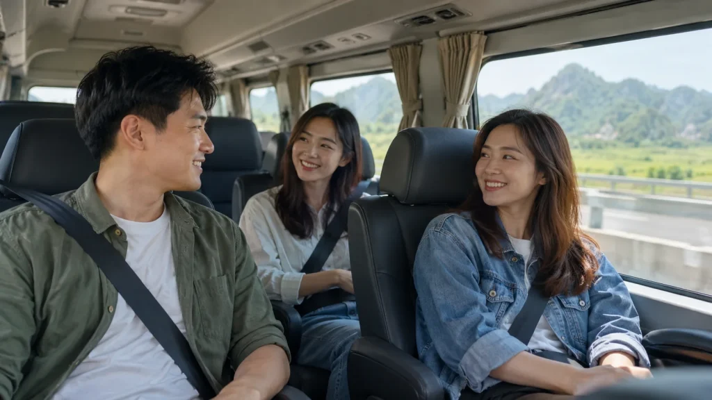 Nhóm bạn trò chuyện vui vẻ trên xe trong chuyến đi chung, minh họa cho dịch vụ xe hợp đồng Nghệ An