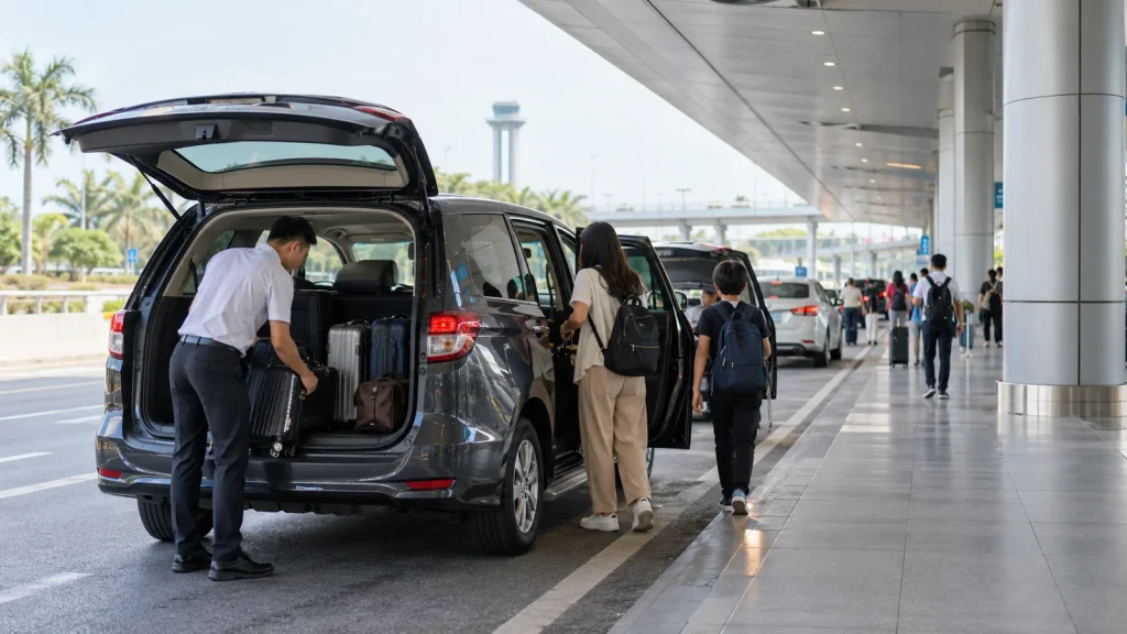 Tài xế hỗ trợ xếp hành lý vào cốp xe ở khu đón khách sân bay, minh họa cho taxi sân bay Vinh