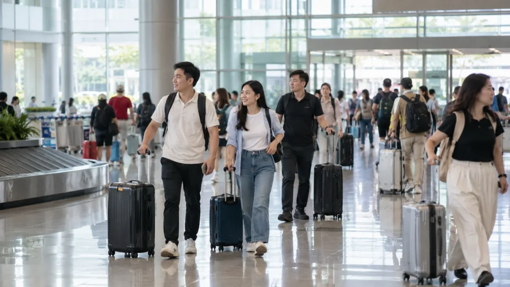 Hành khách kéo vali trong sảnh đến của sân bay