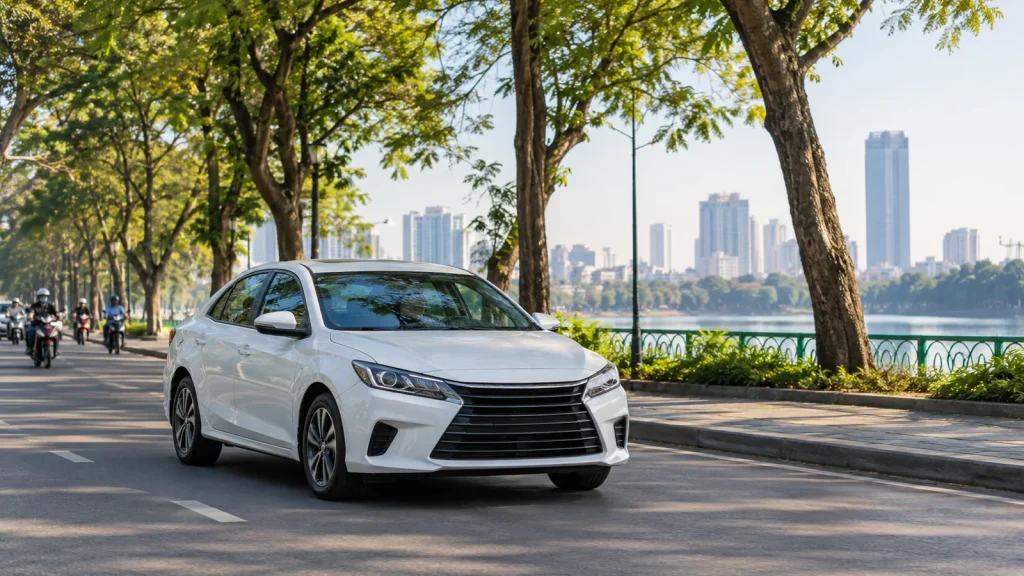 Xe sedan đang di chuyển trên đường phố, một lựa chọn phổ biến khi đi taxi tại Nghệ An