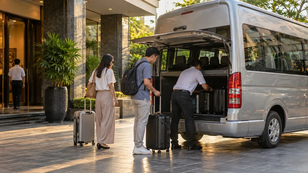 Kết thúc chuyến đi, khách xếp đồ lên xe sau khi mua đặc sản Nghệ An làm quà