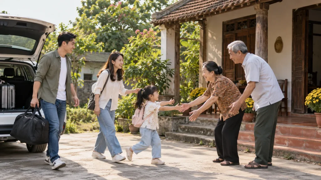 Gia đình chuẩn bị về quê bằng xe ô tô, một cách đặt xe về quê Tết Nghệ An thuận tiện