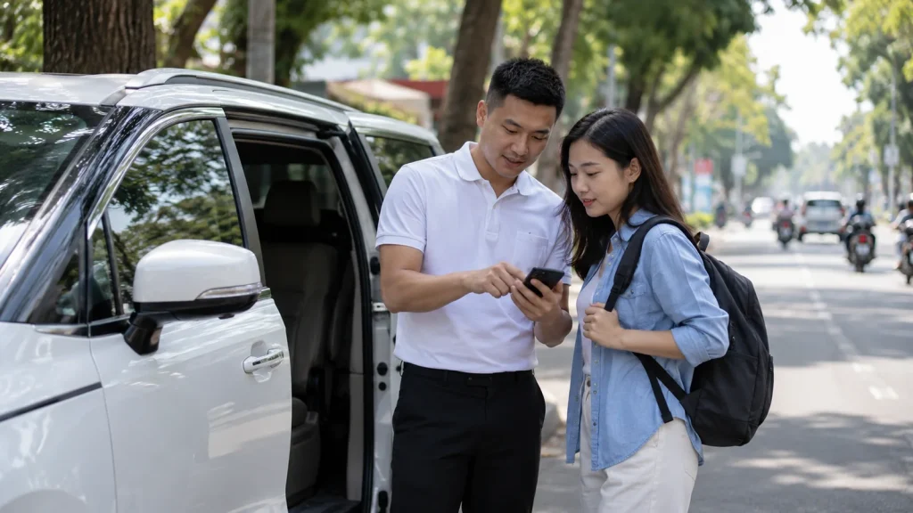 Hành khách và tài xế xác nhận điểm đón trước chuyến đi, minh họa cho taxi nghệ an là gì