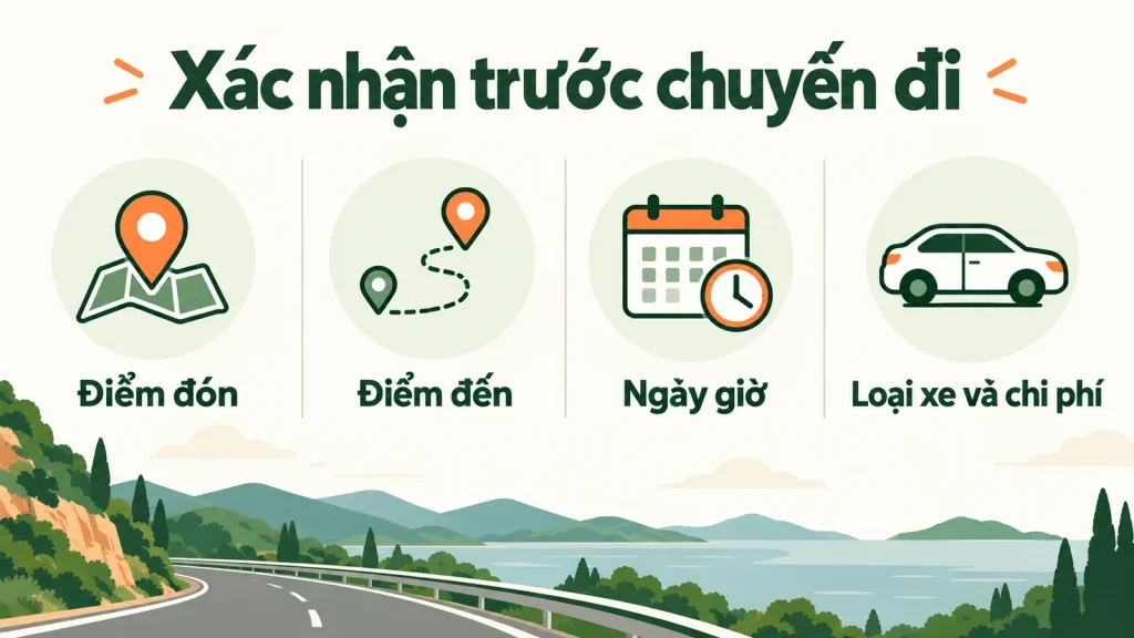 Bốn thông tin cần xác nhận trước chuyến đi: điểm đón, điểm đến, ngày giờ, loại xe và chi phí